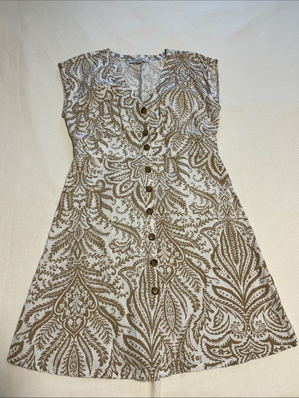 LOFT Cap-Sleeve Button Down Linen Mini Dress in Cream & Brown Paisley